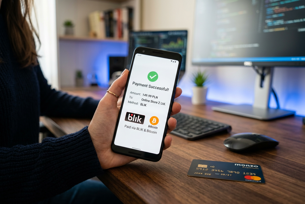 A digital payment concept featuring mobile banking and cryptocurrency symbols.