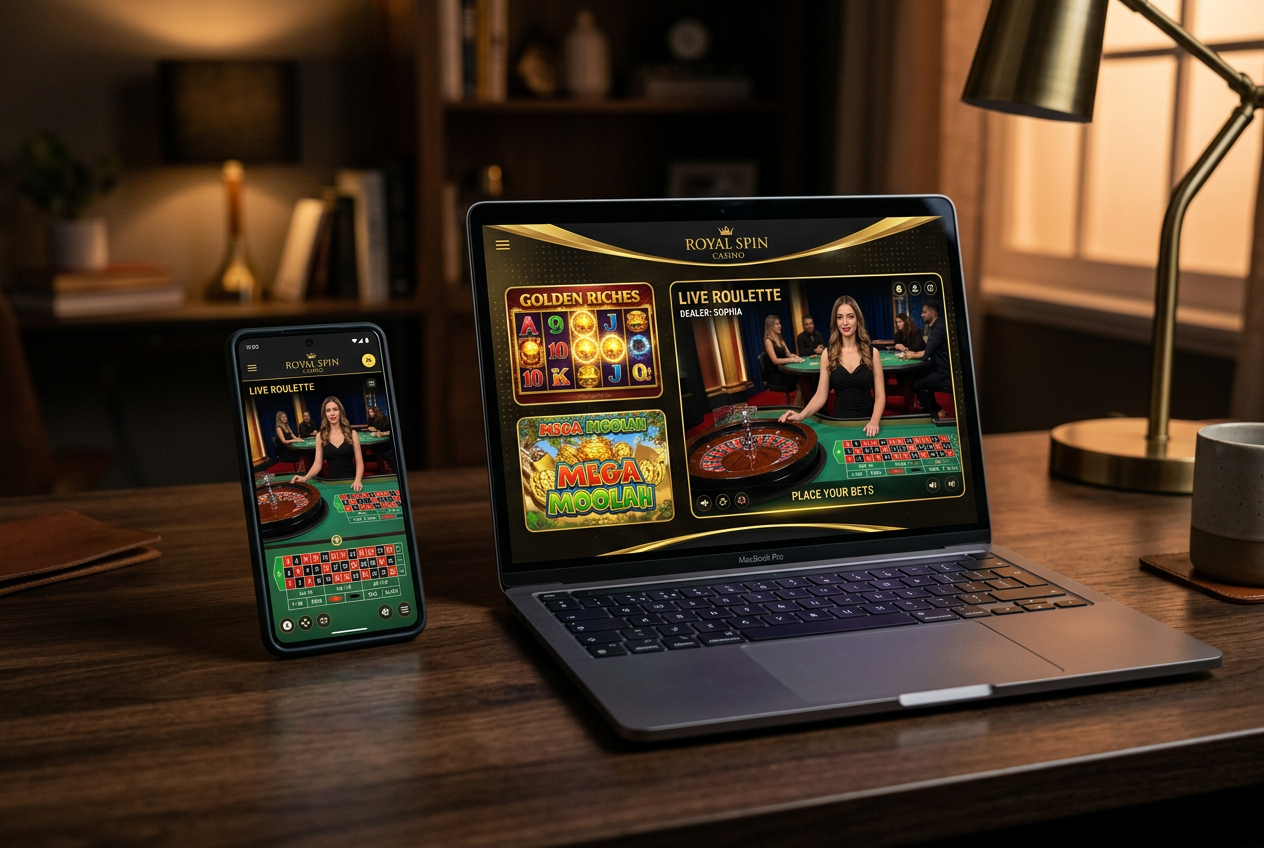 A high-end smartphone and laptop showing a sophisticated online casino interface.