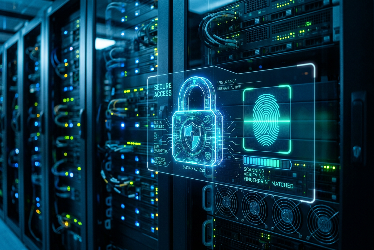 Futuristic biometric security and encryption visualization.