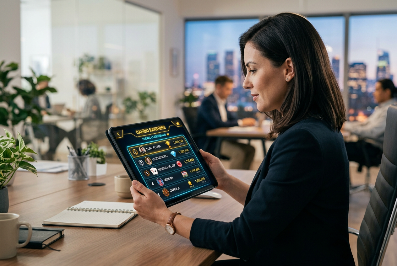 Sleek digital dashboard showing online casino metrics and rankings.