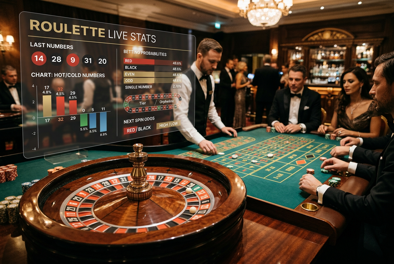 Widok koła ruletki z naniesionymi danymi statystycznymi i prawdopodobieństwem.