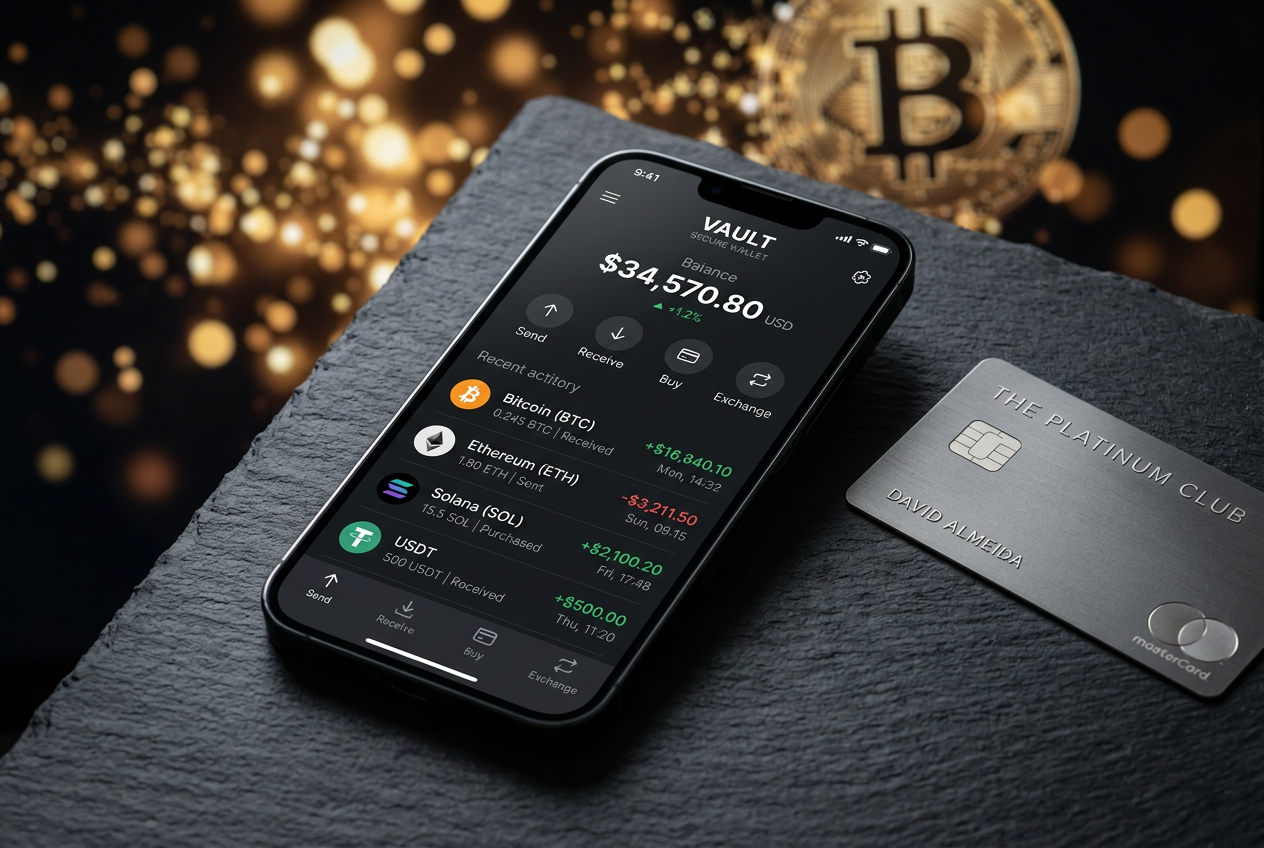 Aplikacja portfela cyfrowego na smartfonie z widocznymi ikonami kryptowalut.